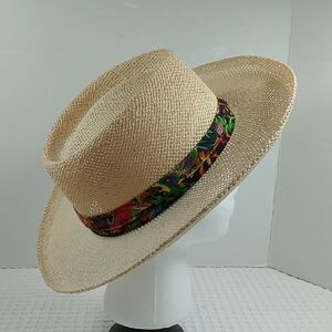 Vintage Summer Club Tan Straw Fedora Hat with Colorful Band Size S/M Unisex